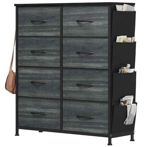 YITAHOME Kommode, 8 Stoffschubladen mit Griffen, Aufbewahrungsschrank, Schubladenschrank, Schrank, Metallgestell, stoffkommode für Schlafzimmer, für Wohnzimmer, Flur, Büro, Schwarze Holzmaserung