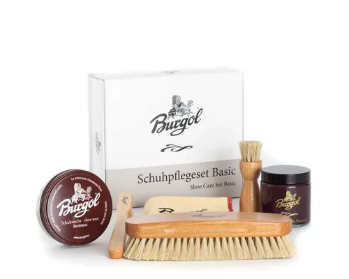 Burgol Schuhpflegeset Basic - Hochwertige Pflege für Glattlederschuhe - Schuhpflegemittel mit professionellen Bürsten und Schuhwachs für optimalen Schutz und Pflege, damit Ihre Schuhe immer wie neu aussehen.