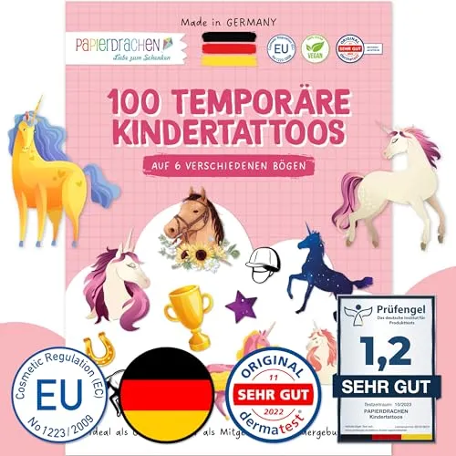 Papierdrachen 100 besonders hautfreundliche Tattoos für Mädchen - Kindertattoos mit Pferde - kindgerechte Designs - als Geburtstagsmitgebsel oder Geschenkidee - 100% vegan & geprüft