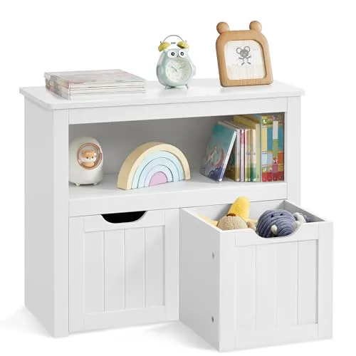 VASAGLE Kinderregal, Spielzeugaufbewahrung mit Rollen, 29,7 x 72,2 x 60 cm | Aufbewahrungsschrank, Spielzeugschrank, Kinderzimmer, Wolkenweiss, HELAN Kollektion LHS280WB01