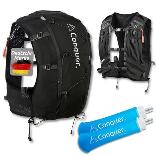 Conquer Laufweste 15L mit 2 Flaschen 500ml – Trailrunning Rucksack für Damen & Herren - Organisiert und praktisch: 15 Taschen für schnellen Zugriff. Perfekter Halt ohne Scheuern dank verstellbarer Gurte. Trinkblasenfach und Soft-Flask-Fächer für unkompliziertes Trinken. Ideal für Trailrunning, Joggen und Bergtouren.