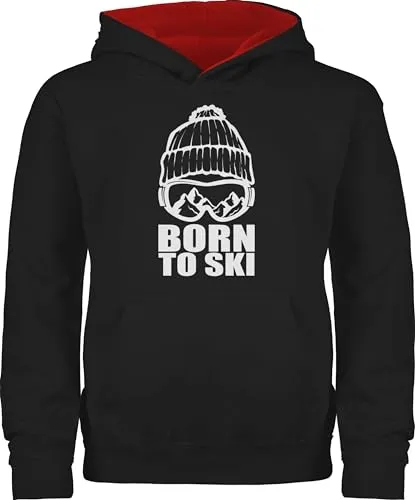 Pullover Kinder Hoodie Jungen Mädchen - Sport Kleidung - Born to Ski - 152 (12/13 Jahre) - Schwarz/Rot - skipullover 25. geburtstag berge kinderpulli skifahren skifahrer kinderpullover pulli hoody