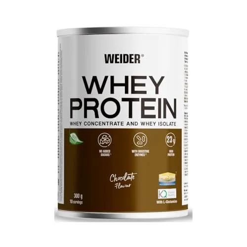 Weider Whey Protein (300g) Geschmack Schokolade Whey Protein aus Konzentrat und Isolat 23g/Portion mit Verdauungsenzymen, L-Glutamin Kyowa Qualität und Stevia ohne Zuckerzusatz 10 Portionen