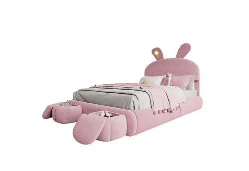 MODFU Kinderbett Polsterbett mit Hasenohren - Einzelbett 140x200 cm mit hydraulischem Stauraum, einstellbarem LED-Licht und zwei flexiblen Aufbewahrungshockern – ideal für kreative Kinderzimmer!