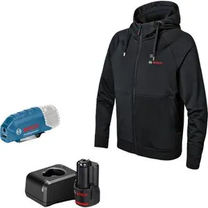Bosch beheizbarer Hoodie GHH 12+18V - Winterjacke 3XL - Robuste und beheizbare Arbeitsjacke mit 3 Heizzonen, ideal für kalte Bedingungen. Inklusive Akku-Adapter, USB-Ladeport und verstellbarer Kapuze für optimalen Komfort.