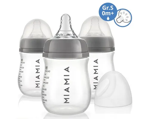 MiaMia Babyflasche PP-Flasche - Grau, 3er Pack Babyflasche 140 ml + Silikon-Trinksauger Größe S