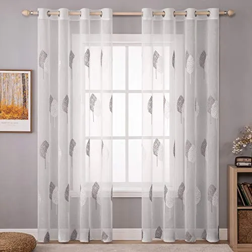 MIULEE Wohnzimmer Vorhänge Transparent mit Grau und Weiss Blätter Muster, Modern Stickerei Gardinen Ösen für Schlafzimmer Deko, 2er Set Schöne Blätter Muster Vorhang Fenster H 260 x B 140