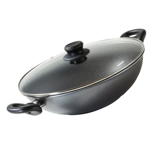 Stoneline Wok 28cm mit Deckel - Fettfreies Kochen - Pfanne für alle Herdarten, inklusive Induktion. Einzigartige Antihaftbeschichtung mit echten Steinpartikeln ermöglicht fettfreies Braten und einfache Reinigung.