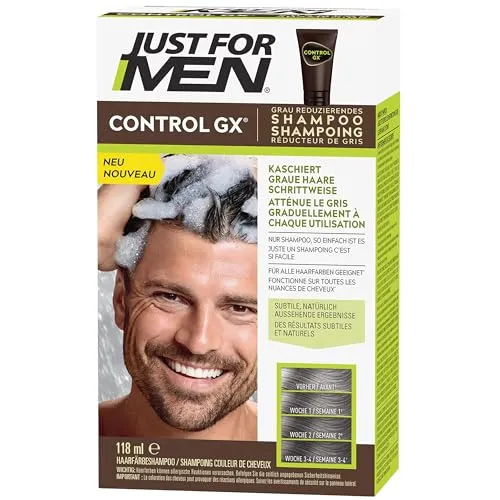 Just For Men Control GX Shampoo, Haarfarbe für Männer - Innovatives graureduzierendes Shampoo für Männer, reduziert graue Haare nach und nach mit pflegendem Kokosöl und Aloe Vera – für ein natürliches Ergebnis ohne Färbelinien.