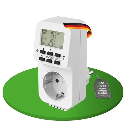 conecto Digitale Thermostat Steckdose, mit internem Fühler sowie Zeitsteuerung, für Terrarium, Gewächshaus, Räucherofen, Heizung, Temperaturregler, Kühlung und Frostwächter, 3600 Watt, weiß