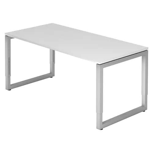 bümö höhenverstellbarer Schreibtisch R-Serie 160x80 cm in weiß, Gestell in Silber - PC Tisch für's Büro manuell höhenverstellbar, Computertisch verstellbar