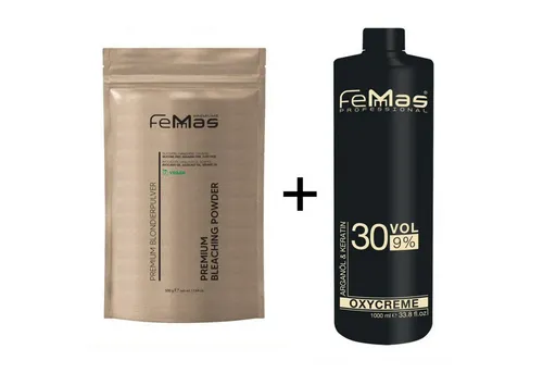 FemMas Premium Haarfarbe Blondierpulver & Oxycreme 9% - FemMas Blondierpulver 500g mit Oxycreme 1L 9% für bis zu 9 Töne Aufhellung. Ideal für professionelle Anwendungen, sorgt für gleichmäßige Ergebnisse und glänzendes Haar. Vegan und tierversuchsfrei!
