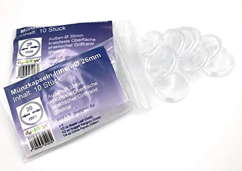 Münzkapseln 26mm, geeignet für 2 Euro-Münzen, 1/2 oz Maple Leaf (Gold), 1/2 oz Nugget Känguru (Gold) 20