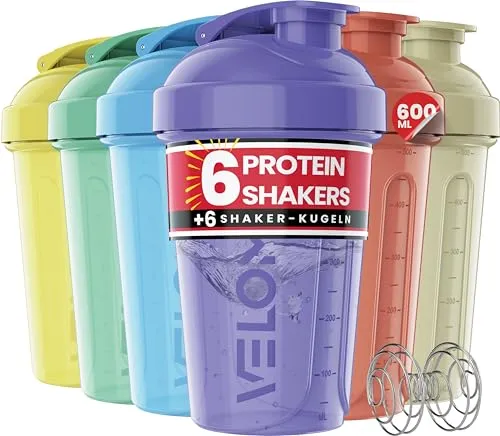 VELOMIX 6 Pack 600ml Shaker Proteinshake, Pastelltöne | 6x Edelstahlkugel, Auslaufsicherer Eiweiß Shaker Becher für Protein Shaker, Spülmaschinenfest, Gym und Fitness