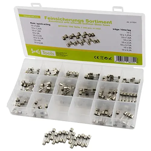 SeKi Glassicherung 160 Teile Feinsicherung 5x20 Sortiment 160-teilig 16 Typen Flink + 8X Träge 0,8A, 1,25A, 1,6A, 2A, 2,5A, 3,15A, 4A und 6,3A Sicherung, Box