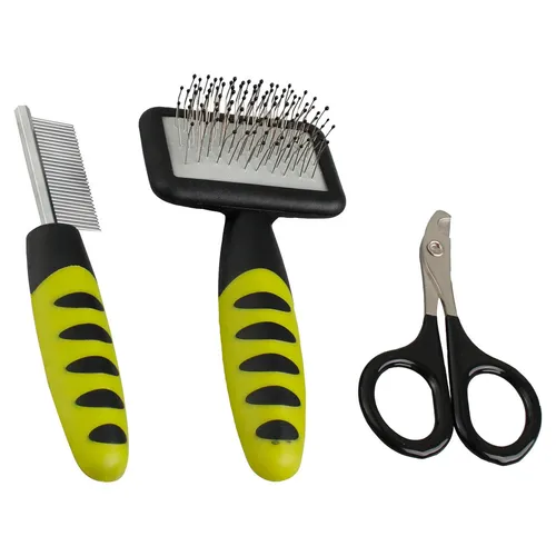 Karlie Pflegeset (Kamm, Bürste, Nagelschere) - 12 cm x 6 cm, grün-schwarz, sanfte Zupfbürste und müheloses Kürzen der Krallen für stressfreie Pflege