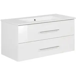 FACKELMANN B.PERFEKT Waschtischunterschrank mit Keramikbecken - Waschplätze mit modernem Design – Hochglanzfront und mattweißer Korpus vereinen Stil und Funktionalität, ideal für eine elegante Badgestaltung.