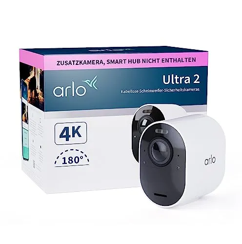 Arlo Ultra 2 Überwachungskamera Aussen WLAN - 4K UHD Überwachungskamera mit 180° Sichtfeld, kabelloser Installation und integriertem Spotlight für Farb-Nachtsicht – ideal für ganzjährigen Schutz Ihres Hauses.