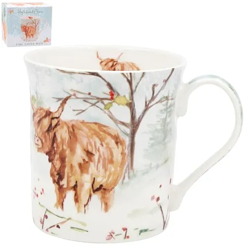 The Leonardo Collection Highland Cow Becher für heiße Getränke, wiederverwendbare Kaffeetassen aus feinem Porzellan für Küche und Zuhause, langlebige bedruckte Teetassen für jeden Anlass, langlebige