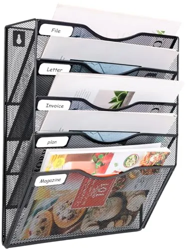 FoiiLiio 5 Fächer Metall A4 Zeitschriftenhalter Wand Zeitschriften Wandhalter Dokumentenhalter Hängend Büro Wandablagefächer Magazin Organizer Flyerhalter Prospektspender mit Etiketten Design