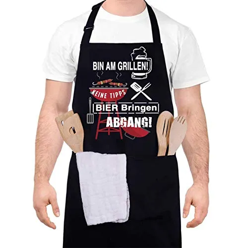 upain Grillschürze für Männer Lustig Schürze Kochschürze Baumwoll Küchenschürze Verstellbarem Nackenband Zwei Fronttaschen für Herren Papa Opa-Bin am Grillen! Keine Tipps! Bier bringen ABGANG