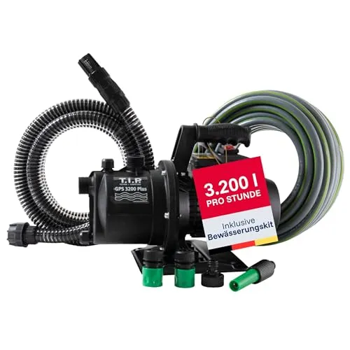 T.I.P. Gartenpumpe GPS 3200 Plus mit Bewässerungsset - Leichte und mobile Gartenpumpe mit 3.200 l/h Fördermenge, 42 m Förderhöhe und umfassendem Bewässerungsset für effiziente Gartenpflege.