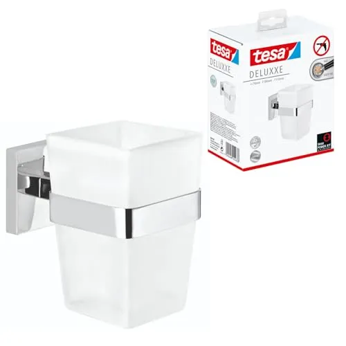 Tesa Zahnputzbecher Deluxxe, 40410 - Wandhalterung ohne Bohren - Zahnbürstenhalter aus robustem Milchglas mit eleganter Wandhalterung. Einfache Montage ohne Bohren dank Tesa Power Kit – ideal für jedes Bad!