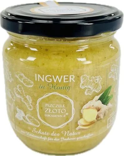 Honig mit Ingwer 500 g - Natürlicher Bienenhonig mit gefriergetrocknetem Ingwer - Brotaufstrich mit 100% natürlichem Honig und gefriergetrocknetem Ingwer für einen wärmenden Genuss. Ideal für Tee, Desserts und Smoothies.