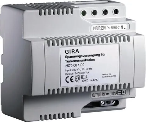 Gira 257000 Spannungsversg 24V DC - Zuverlässige 24V DC Spannungsversorgung mit 700 mA, ideal für Türkommunikations-Systeme. Kompakt für DIN-Schiene, schützt Ihre Gebäudesicherheit.