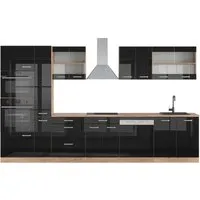Vicco Küchenzeile R-Line, Schwarz Hochglanz/Goldkraft Eiche, 350 cm - Küchenzeilen mit modernem Design und funktionalen Konfigurationen, höhenverstellbare Füße für optimalen Stand und Erweiterungsmöglichkeiten für individuellen Raum. Ideal für stilvolle Kochmomente!