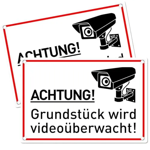 LEEPAT 2 Stück Achtung Videoüberwachung Schild,30x20cm Aluminium Video Warnschilder, inkl.4 Bohrlöcher Abgerundete Ecken Hinweisschild, für Zuhause,Outdoor, Einheitsgröße