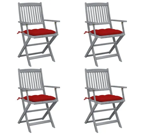 furnicato Gartenstuhl Echtholz Set 4er mit roten Sitzkissen - Moderne Gartenstühle aus massivem Echtholz, klappbar und platzsparend. Ideal für Mahlzeiten im Freien mit komfortablen, sicher befestigten Sitzkissen für entspannte Stunden.