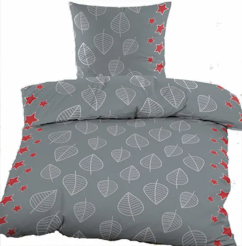 Biber Winter Bettwäsche 135 x 200 + 80x80 cm, grau rot silber, Blätter+Sterne, 100% Baumwolle