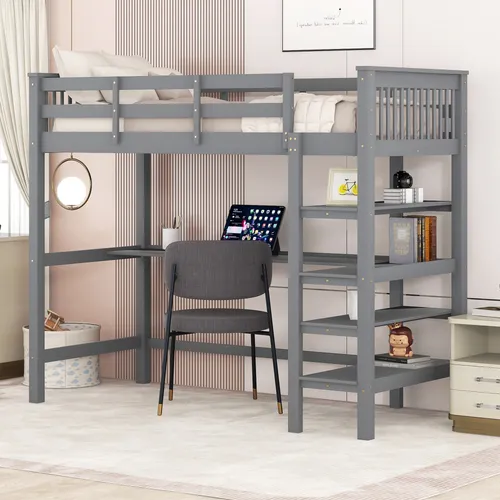 Kinderhochbett 90 x 200 mit Schreibtisch und Regalen