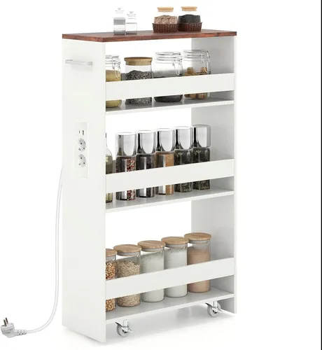 KOMFOTTEU Nischenwagen mit Ladestation, Kleiner Küchenwagen mit Rollen, Organisationswagen Rollregal platzsparend mit Griff (Weiß + Industrial, 47,5 x 20 x 80,5 cm)