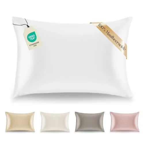 Kissenbezüge Seide - 50x70 cm - Gewicht 19 Momme 100% Reine Maulbeerseide Doppelseitig - Seidenkissenbezug für Haar und Haut, Anti-Aging, Anti-Bettwanzen - Weiß
