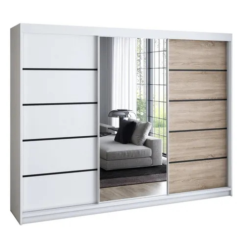 VILANO 2 Schwebetürenschrank, 3-türig mit Spiegel - Schwebetürenschrank mit 4 Schubladen und 2 Kleiderstangen, modernes Design, hochwertige Laminatplatte, ideal für optimalen Stauraum und stilvolle Einrichtung.