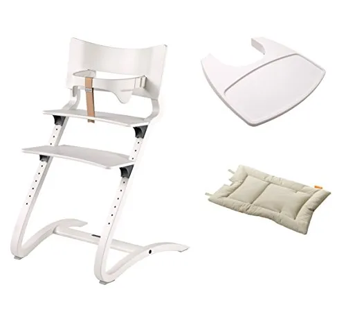 Leander Stuhl weiß - Hochstuhl - Kinderstuhl - Erwachsenenstuhl mit Babybügel + Tablett weiß + Kissen vanille