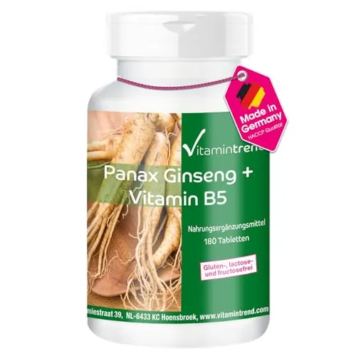 Panax Ginseng + Vitamin B5-180 Tabletten - 600mg Roter Panax Ginseng Extrakt pro Tablette - vegan - hochdosiert | Vitamintrend®
