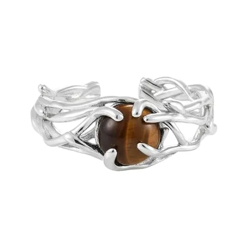 Sanixa Karma NH11306662 Damenring Tigerauge Ring Silber925 Sterlingsilber Braun verstellbar modern Damenschmuck Damen Geschenk Frauen Fingerring (Braun)