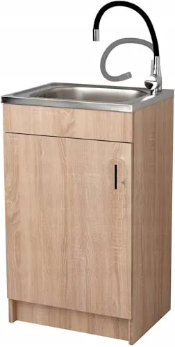 STAMAR Spülenschrank 50cm Sonoma Eiche - Spülenschrank in Sonoma Eiche mit Edelstahl-Spüle und elastischer schwarzer Armatur. Ideal für kompakte Küchen, bietet optimale Raumnutzung und einfache Montage.