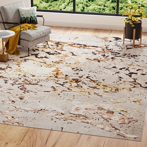 TAPISO Golden Teppich Wohnzimmer Kurzflor Schlafzimmer Luxuriös Creme Gold Abstrakt Marmor Meliert Verwischt Modern Design ÖKOTEX 160 x 230 cm