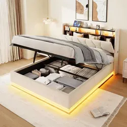 MODFU Stauraumbett 140x200 Polsterbett mit Stauraum-Kopfbrett plus Federholzrahmen,Bettgestell mit Seitentaschen und USB/Type-C-Ladestation,Jugendb... - Beige