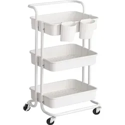 SONGMICS 3-stufiger Rollwagen mit Griff und 2 kleinen Aufbewahrungsdosen, Kunststoffkorb mit Stahlrahmen, leicht zu montieren, geeignet für Badezimmer & Waschraum, weiß, BSC067W01