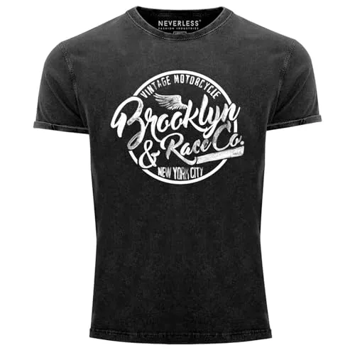 Produktbild Neverless® Herren T-Shirt Vintage Shirt Printshirt Brooklyn Racing Used Look Slim Fit Schwarz XXL
