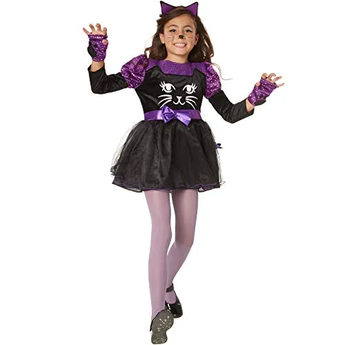tectake® Mädchenkostüm Süßes Schmusekätzchen - Kostüme für kleine Katzenliebhaberinnen, elegantes Design in Schwarz mit lilafarbenen Akzenten, ideal für Fasching oder Karneval.