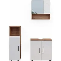 Vicco Badmöbel-Set Irma, Eiche/Weiß Hochglanz – 3-teiliges Set für Ihr Badezimmer - Badmöbel-Set mit Waschbeckenunterschrank, Spiegelschrank und Midischrank. Bietet viel Stauraum und modernes Design für ein stilvolles Badezimmer.