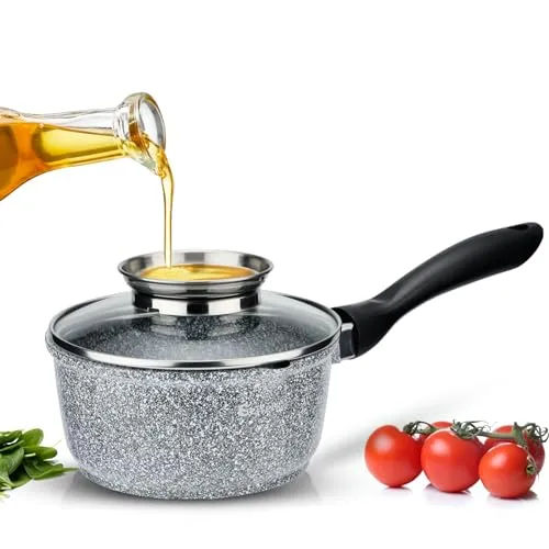 EliteHoff Kochtopf mit Deckel 16cm 1.3L, Induktion Kochtopf Klein, Stieltopf mit langem Griff, Stielkasserolle Antihaftbeschichtet, Marmorbeschichtung, Aluminium (Grau)