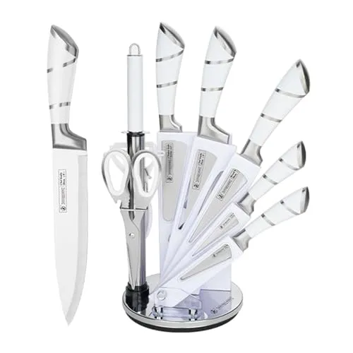 9-tlg Messerset mit Drehbare Acryl Messerblock, Weiß Sharp Antihaft Beschichtete Kochmesser Block Set,Edelstahl Messer Set für Küche mit Schärfer zum Schneiden Schneiden Würfeln Hacken (weiß)