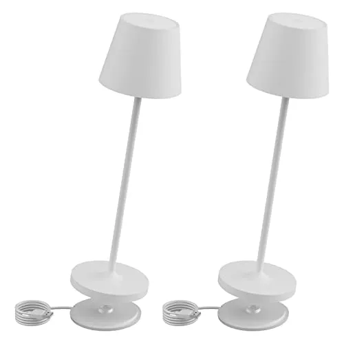 K-Bright Dimmbare LED Akku Tischleuchte 38cm | Für drinnen und draußen geeignet | Wiederaufladbar | 3000K Warmweiß Licht | Designer Tischleuchte | Ladestation kontaktieren | Weiß(2 Stück)